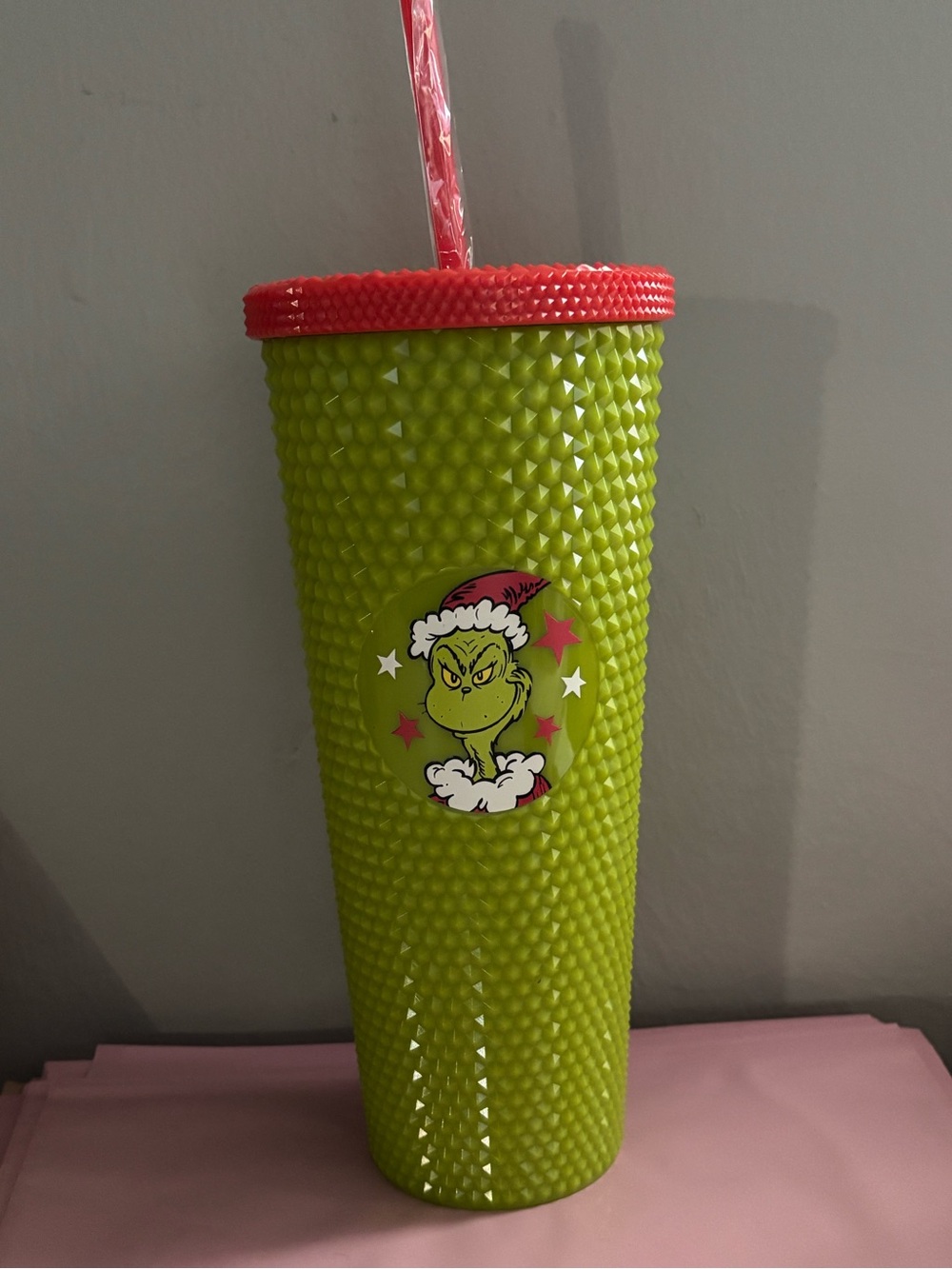 Lime Green Studded Holiday Tumbler with Pink Lid and Straw